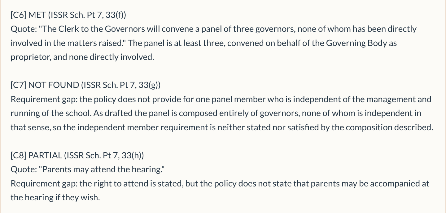 A KEN policy check report: each requirement in a row, with its finding and the regulation it rests on.